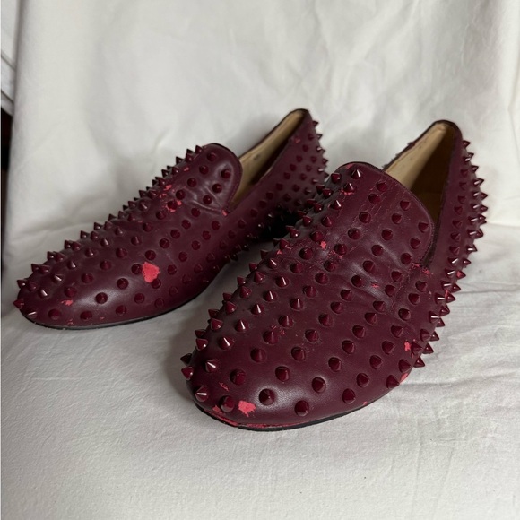 Men’s Christian Louboutin Burgundy Leather Spike Loafers 11 - Picture 3 of 10